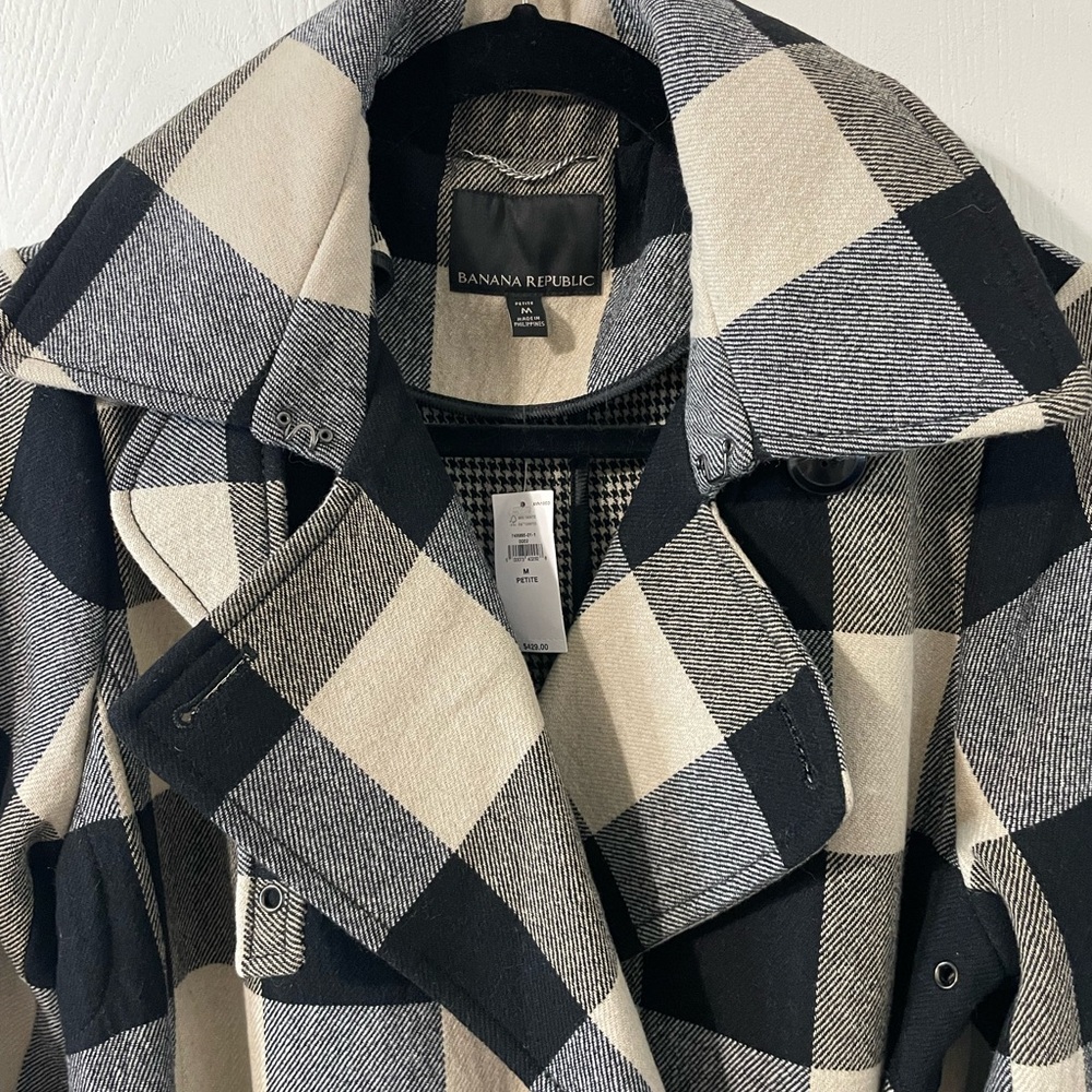 Banana Republic NWT Italian Double-Faced Wool Buffalo Plaid Trench Coat Sz Med P - Picture 4 of 15